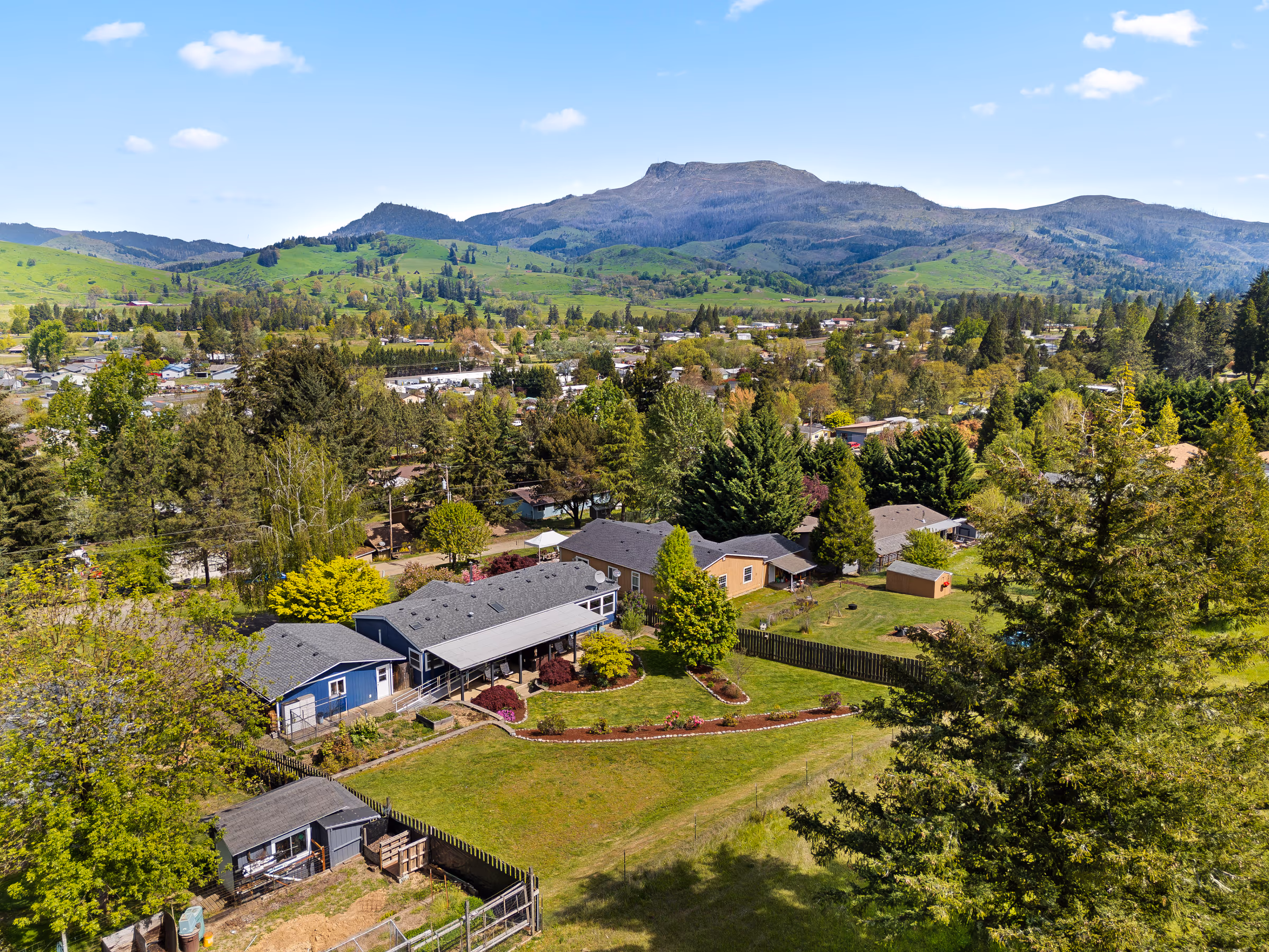 Aerial view of Roseburg, Oregon neighborhood with homes, greenery, and prominent butte in background