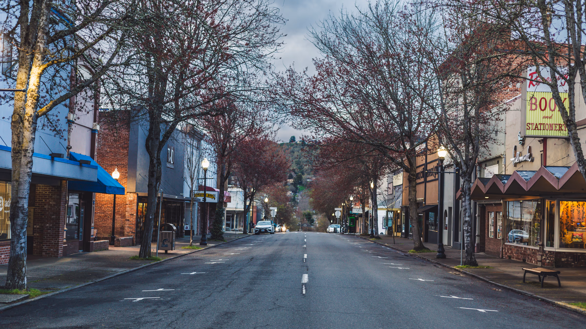 Roseburg Oregon downtown storefronts at dusk — Douglas County real estate market